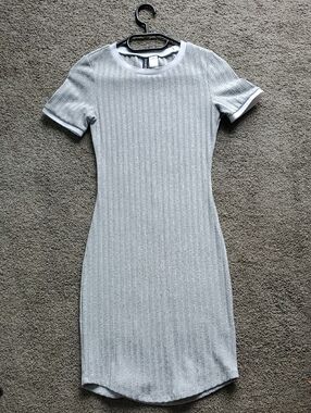 Divided Light Gray Ribbed Mini Dress with White Trim